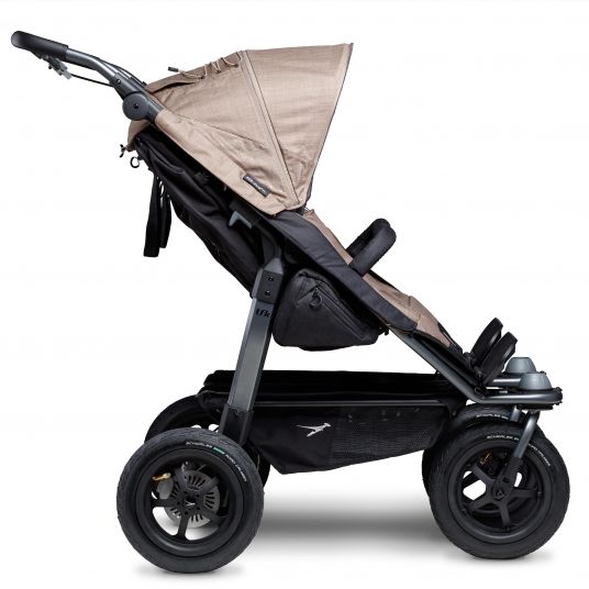 TFK Passeggino gemellare Duo con pneumatici - 2x sedute sportive fino a 45 kg + accessori XXL Zamboo - Marrone