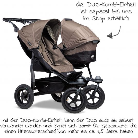 TFK Passeggino gemellare Duo con pneumatici - 2x sedute sportive fino a 45 kg + accessori XXL Zamboo - Marrone