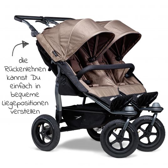 TFK Passeggino gemellare Duo con pneumatici - 2x sedute sportive fino a 45 kg + accessori XXL Zamboo - Marrone