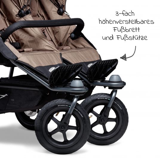 TFK Passeggino gemellare Duo con pneumatici - 2x sedute sportive fino a 45 kg + accessori XXL Zamboo - Marrone