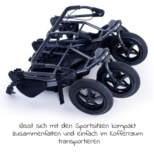 TFK Geschwister- & Zwillingsportwagen Duo mit Luftreifen - 2x Sportsitze bis 45 kg + XXL Zamboo Zubehör - Grau