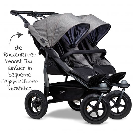 TFK Sibling & twin stroller Duo with pneumatic tires - 2x sport seats up to 45 kg + XXL Zamboo accessories - Grey