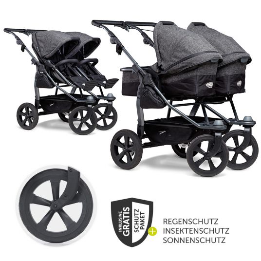 TFK Passeggino gemellare Duo con pneumatici a camera d'aria - 2x unità combinata (vasca+seduta) + accessori XXL Zamboo - antracite