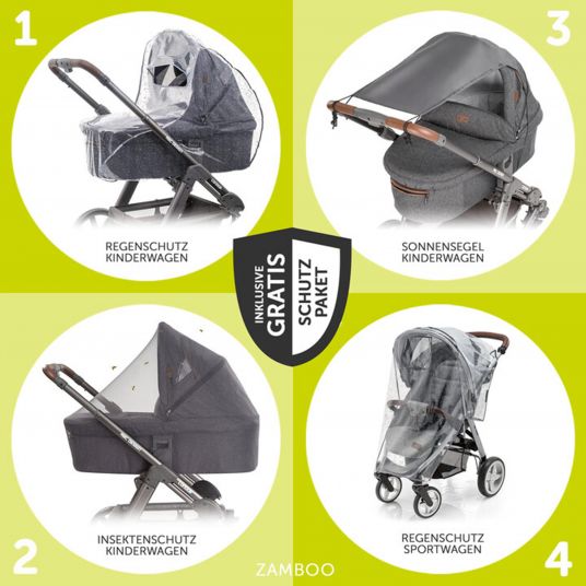 TFK Sibling & twin stroller Duo with air chamber tires - 2x combi unit (tub+seat) + XXL Zamboo accessories - Anthracite