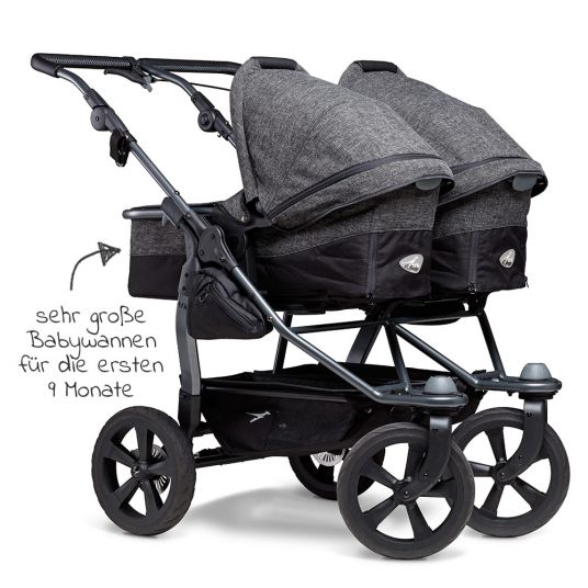 TFK Sibling & twin stroller Duo with air chamber tires - 2x combi unit (tub+seat) + XXL Zamboo accessories - Anthracite