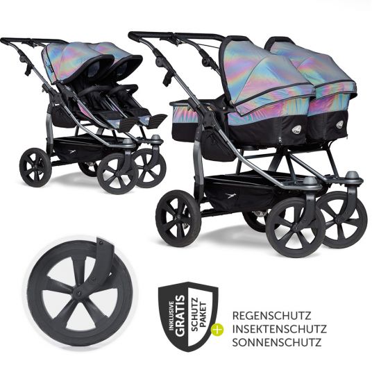 TFK Sibling & twin stroller Duo with air chamber tires - 2x combi unit (tub+seat) + XXL accessories - Glow in the Dark