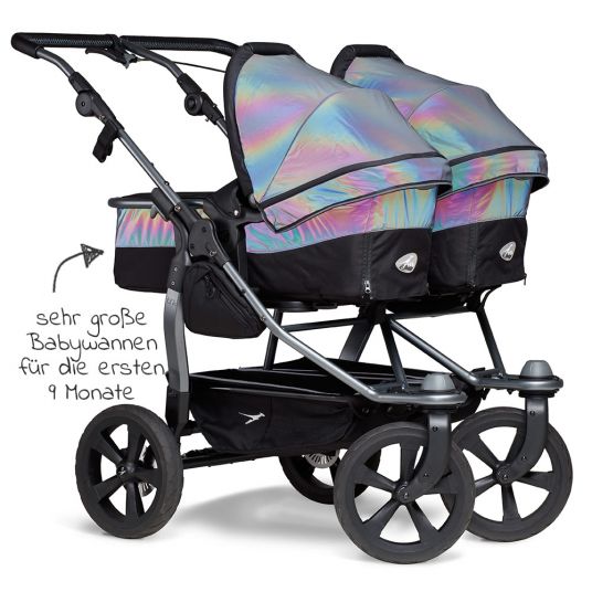 TFK Sibling & twin stroller Duo with air chamber tires - 2x combi unit (tub+seat) + XXL accessories - Glow in the Dark