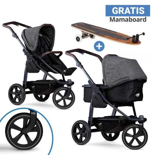 TFK Passeggino combinato Mono 2 pneumatici a camera d'aria incluso mamaboard gratuito - con unità combinata (navicella+seggiolino) con posizione reclinabile - antracite premium