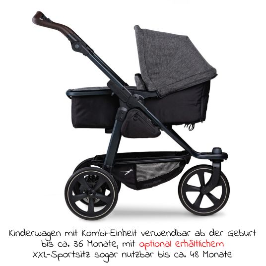 TFK Passeggino combinato Mono 2 pneumatici a camera d'aria incluso mamaboard gratuito - con unità combinata (navicella+seggiolino) con posizione reclinabile - antracite premium