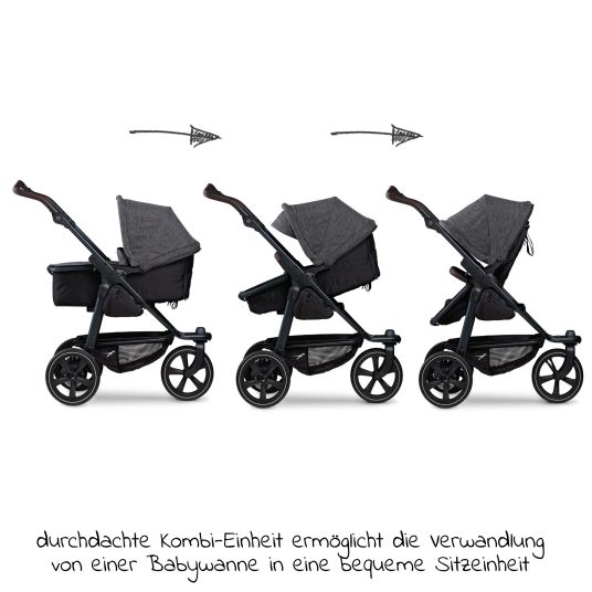 TFK Passeggino combinato Mono 2 pneumatici a camera d'aria incluso mamaboard gratuito - con unità combinata (navicella+seggiolino) con posizione reclinabile - antracite premium