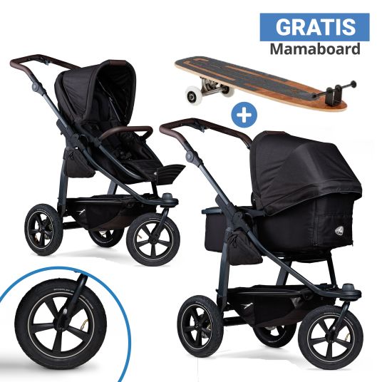 TFK Kombi-Kinderwagen Mono 2 mit Luftreifen inkl. Gratis Mamaboard - mit Kombi-Einheit (Babywanne+Sitz) mit Liegeposition - Schwarz