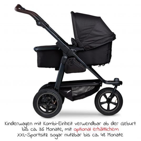 TFK Kombi-Kinderwagen Mono 2 mit Luftreifen inkl. Gratis Mamaboard - mit Kombi-Einheit (Babywanne+Sitz) mit Liegeposition - Schwarz