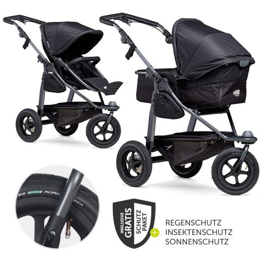 TFK Kombi-Kinderwagen Mono mit Luftreifen - inkl. Kombi-Einheit (Babywanne + Sitz) + XXL-Zamboo Zubehörpaket - Schwarz