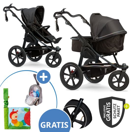 TFK Kombi-Kinderwagen Pro mit Luftreifen inkl. Kombi-Einheit (Babywanne+Sitz) inkl. Handyhalter, Getränkeflasche & XXL Zubehörpaket - Anthrazit