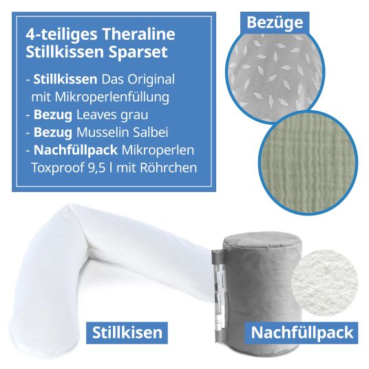 Theraline 4-tlg. Stillkissen Sparset Das Original 190 cm inkl. 2 Bezügen + Mikroperlen-Nachfüllpack 9,5 l - Leaves & Musselin Salbei