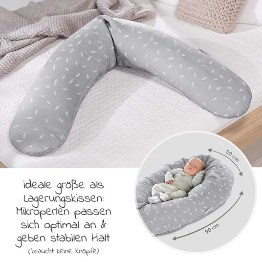 Theraline 4-piece nursing pillow economy set The Original 190 cm incl. 2 covers + microbead refill pack 9.5 l - Leaves & muslin sage