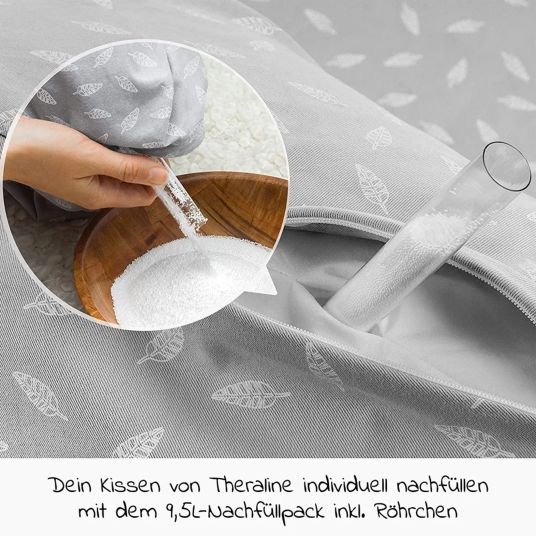 Theraline 4-piece nursing pillow economy set The Original 190 cm incl. 2 covers + microbead refill pack 9.5 l - Leaves & muslin sage
