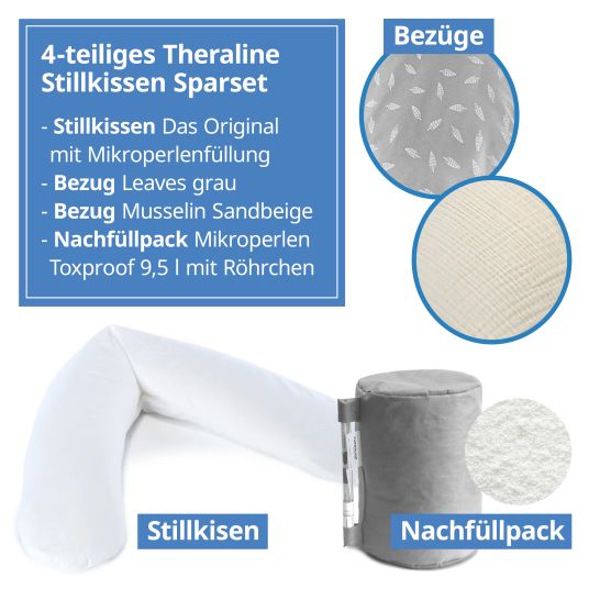 Theraline 4-piece nursing pillow economy set The Original 190 cm incl. 2 covers + microbead refill pack 9.5 l - Leaves & Muslin Sand beige