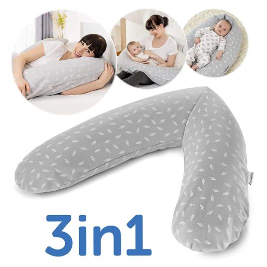 Theraline 4-piece nursing pillow economy set The Original 190 cm incl. 2 covers + microbead refill pack 9.5 l - Leaves & Muslin Sand beige