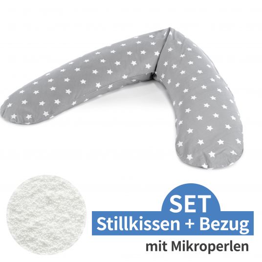 Theraline Nursing pillow The Comfort with micro beads filling incl. cover 180 cm - Big Stars - Grey
