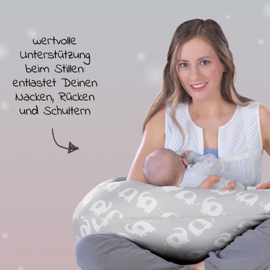 Theraline Nursing pillow The Comfort with micro pearl filling incl. cover 180 cm - herd of elephants