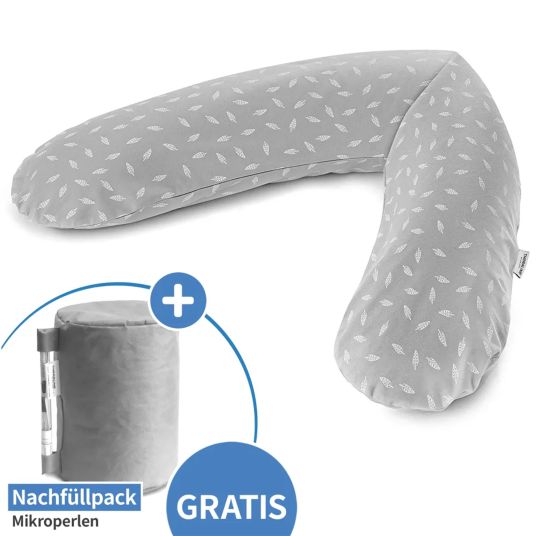 Theraline Stillkissen Das Original 190 cm + Gratis Mikroperlen-Nachfüllpack 9,5 Liter - Leaves - Grau
