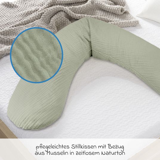 Theraline Stillkissen Das Original mit Dinkelspelz-Füllung inkl. Bezug Musselin 190 cm - Salbei