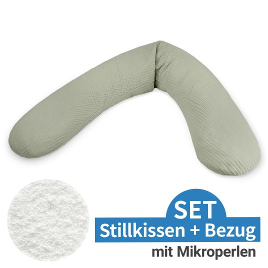 Theraline Nursing pillow The Original with microbead filling incl. muslin cover 190 cm - sage
