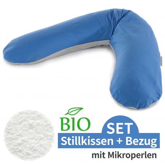 Theraline Stillkissen Das Original mit Mikroperlen inkl. Bezug aus Bio-Baumwolle 190 cm - Grau Mittelblau