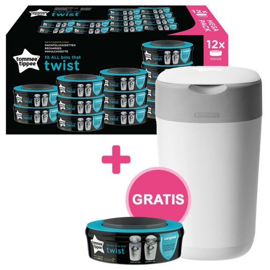Tommee Tippee Sangenic Twist & Click Set - 12 Pack Refill Cartridge + Free Diaper Pail