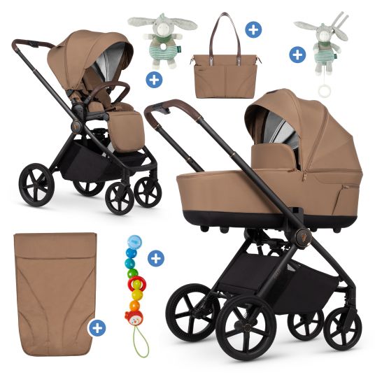 Venicci 2in1 Kombi-Kinderwagen Claro bis 22 kg mit Babywanne, Sportsitz, Teleskopschieber, Liegeposition inkl. Regenschutz, Beindecke, Schnullerkette, Spieluhr, Greifling & Wickeltasche - Caramel