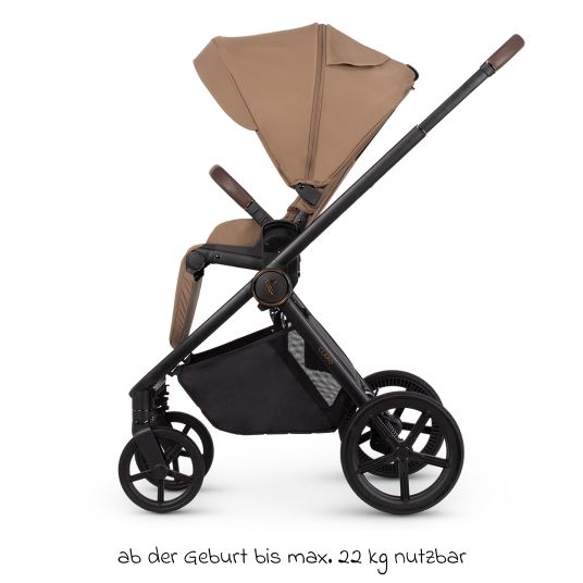 Venicci 2in1 Kombi-Kinderwagen Claro bis 22 kg mit Babywanne, Sportsitz, Teleskopschieber, Liegeposition inkl. Regenschutz, Beindecke, Schnullerkette, Spieluhr, Greifling & Wickeltasche - Caramel