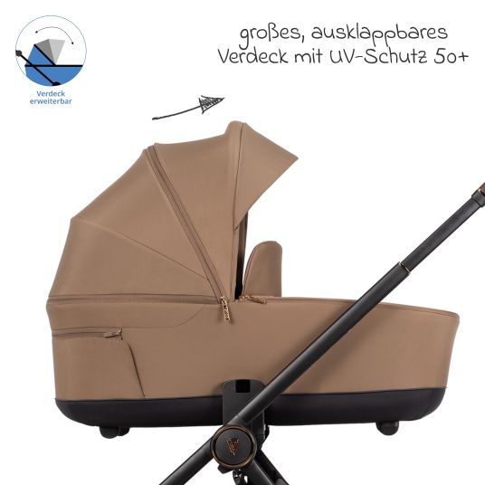 Venicci 2in1 Kombi-Kinderwagen Claro bis 22 kg mit Babywanne, Sportsitz, Teleskopschieber, Liegeposition inkl. Regenschutz, Beindecke, Schnullerkette, Spieluhr, Greifling & Wickeltasche - Caramel