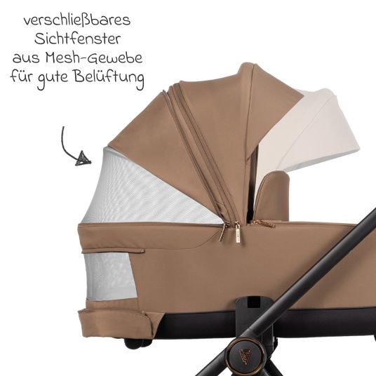 Venicci 2in1 Kombi-Kinderwagen Claro bis 22 kg mit Babywanne, Sportsitz, Teleskopschieber, Liegeposition inkl. Regenschutz, Beindecke, Schnullerkette, Spieluhr, Greifling & Wickeltasche - Caramel