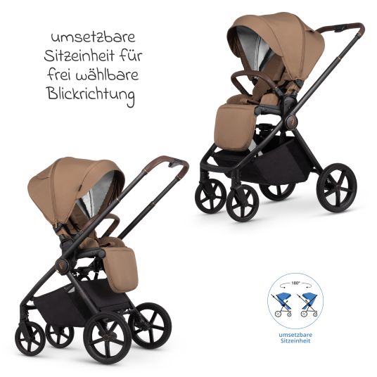 Venicci 2in1 Kombi-Kinderwagen Claro bis 22 kg mit Babywanne, Sportsitz, Teleskopschieber, Liegeposition inkl. Regenschutz, Beindecke, Schnullerkette, Spieluhr, Greifling & Wickeltasche - Caramel