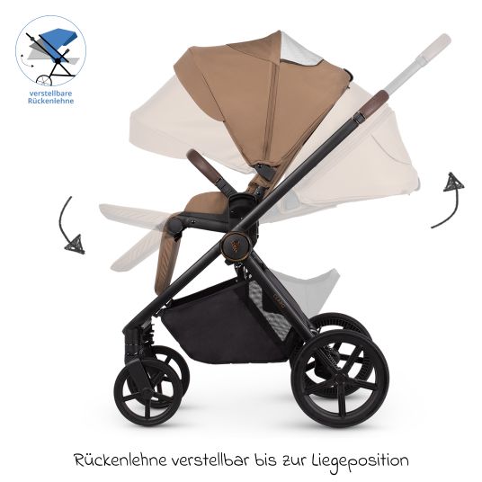 Venicci 2in1 Kombi-Kinderwagen Claro bis 22 kg mit Babywanne, Sportsitz, Teleskopschieber, Liegeposition inkl. Regenschutz, Beindecke, Schnullerkette, Spieluhr, Greifling & Wickeltasche - Caramel