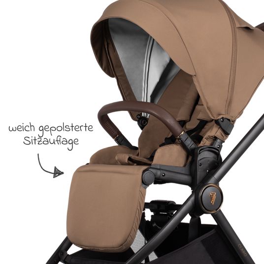 Venicci 2in1 Kombi-Kinderwagen Claro bis 22 kg mit Babywanne, Sportsitz, Teleskopschieber, Liegeposition inkl. Regenschutz, Beindecke, Schnullerkette, Spieluhr, Greifling & Wickeltasche - Caramel