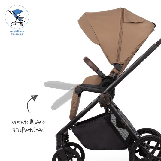 Venicci 2in1 Claro baby carriage up to 22 kg with carrycot, sports seat, telescopic push bar, reclining position incl. rain cover, leg cover, pacifier chain, music box, grasping toy & changing bag - Caramel