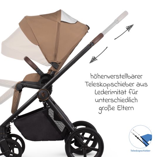 Venicci 2in1 Kombi-Kinderwagen Claro bis 22 kg mit Babywanne, Sportsitz, Teleskopschieber, Liegeposition inkl. Regenschutz, Beindecke, Schnullerkette, Spieluhr, Greifling & Wickeltasche - Caramel