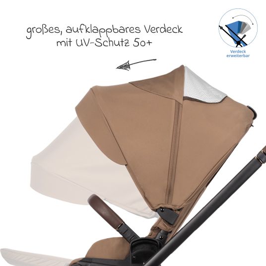 Venicci 2in1 Kombi-Kinderwagen Claro bis 22 kg mit Babywanne, Sportsitz, Teleskopschieber, Liegeposition inkl. Regenschutz, Beindecke, Schnullerkette, Spieluhr, Greifling & Wickeltasche - Caramel