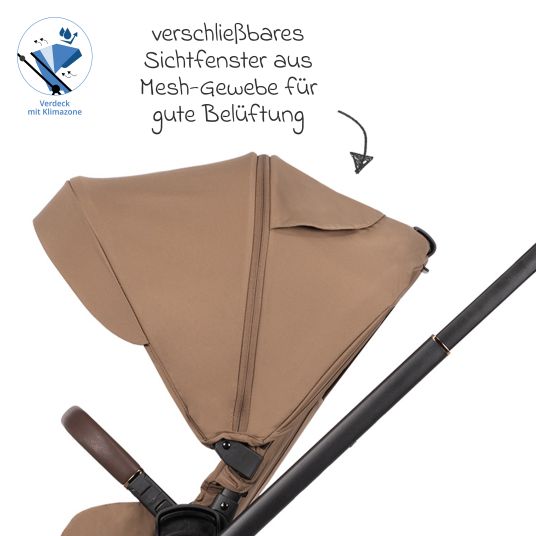 Venicci 2in1 Kombi-Kinderwagen Claro bis 22 kg mit Babywanne, Sportsitz, Teleskopschieber, Liegeposition inkl. Regenschutz, Beindecke, Schnullerkette, Spieluhr, Greifling & Wickeltasche - Caramel