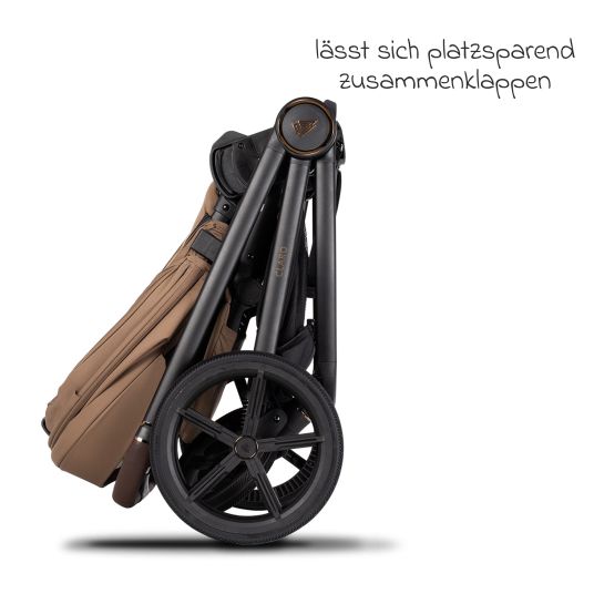 Venicci 2in1 Kombi-Kinderwagen Claro bis 22 kg mit Babywanne, Sportsitz, Teleskopschieber, Liegeposition inkl. Regenschutz, Beindecke, Schnullerkette, Spieluhr, Greifling & Wickeltasche - Caramel