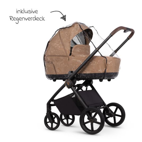 Venicci 2in1 Kombi-Kinderwagen Claro bis 22 kg mit Babywanne, Sportsitz, Teleskopschieber, Liegeposition inkl. Regenschutz, Beindecke, Schnullerkette, Spieluhr, Greifling & Wickeltasche - Caramel