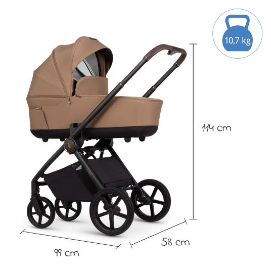 Venicci 2in1 Kombi-Kinderwagen Claro bis 22 kg mit Babywanne, Sportsitz, Teleskopschieber, Liegeposition inkl. Regenschutz, Beindecke, Schnullerkette, Spieluhr, Greifling & Wickeltasche - Caramel