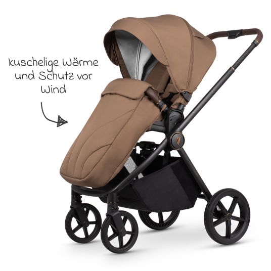 Venicci 2in1 Kombi-Kinderwagen Claro bis 22 kg mit Babywanne, Sportsitz, Teleskopschieber, Liegeposition inkl. Regenschutz, Beindecke, Schnullerkette, Spieluhr, Greifling & Wickeltasche - Caramel