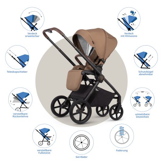 Venicci 2in1 Claro baby carriage up to 22 kg with carrycot, sports seat, telescopic push bar, reclining position incl. rain cover, leg cover, pacifier chain, music box, grasping toy & changing bag - Caramel