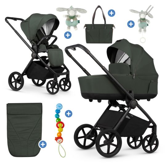 Venicci 2in1 Kombi-Kinderwagen Claro bis 22 kg mit Babywanne, Sportsitz, Teleskopschieber, Liegeposition inkl. Regenschutz, Beindecke, Schnullerkette, Spieluhr, Greifling & Wickeltasche - Forest