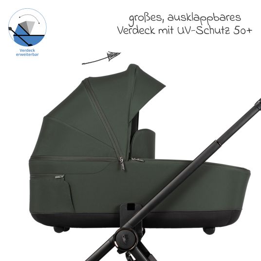 Venicci 2in1 Kombi-Kinderwagen Claro bis 22 kg mit Babywanne, Sportsitz, Teleskopschieber, Liegeposition inkl. Regenschutz, Beindecke, Schnullerkette, Spieluhr, Greifling & Wickeltasche - Forest