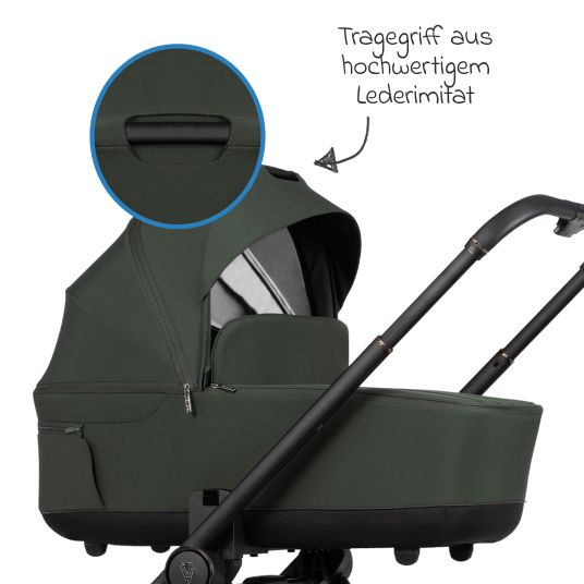 Venicci 2in1 Kombi-Kinderwagen Claro bis 22 kg mit Babywanne, Sportsitz, Teleskopschieber, Liegeposition inkl. Regenschutz, Beindecke, Schnullerkette, Spieluhr, Greifling & Wickeltasche - Forest