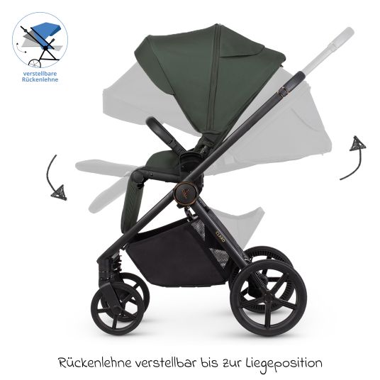 Venicci 2in1 Claro baby carriage up to 22 kg with carrycot, sports seat, telescopic push bar, reclining position incl. rain cover, leg cover, pacifier chain, music box, grasping toy & changing bag - Forest